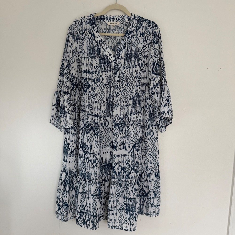 Indigo Soul Women's Midi Summer Dress Large Aztec Blue White Artsy Boho Coastal - Picture 2 of 13